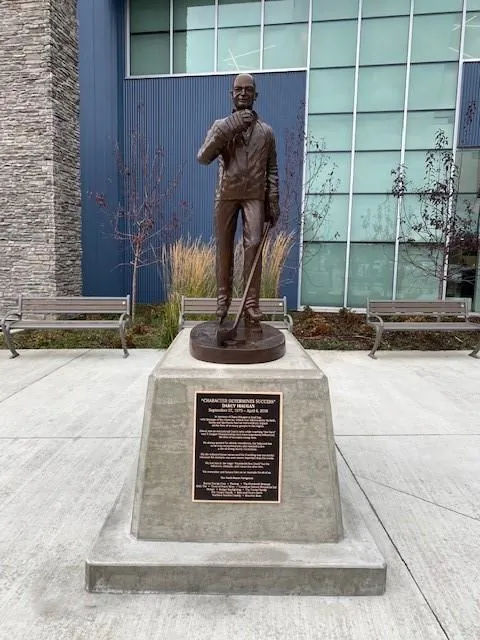 A statue dedicated to Humboldt Broncos coach Darcy Haugan is seen in Peace River, Alta., on Oct. 11, 2020. (The Canadian Press/HO-Albert Cooper) 