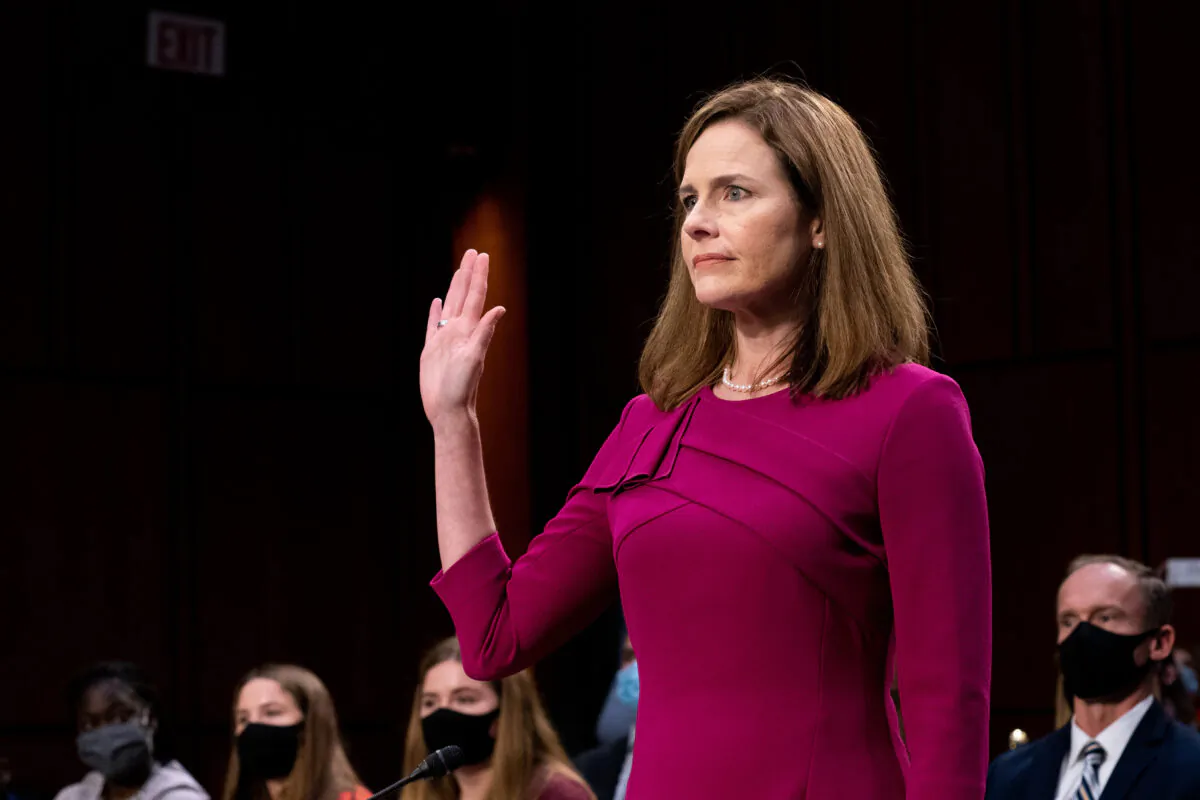 Supreme Court nominee Judge Amy Coney Barrett is sworn in during the Senate Judiciary Committee confirmation hearing for Supreme Court Justice in the Hart Senate Office Building in Washington on Oct. 12, 2020. (Erin Schaff/Pool/Getty Images)