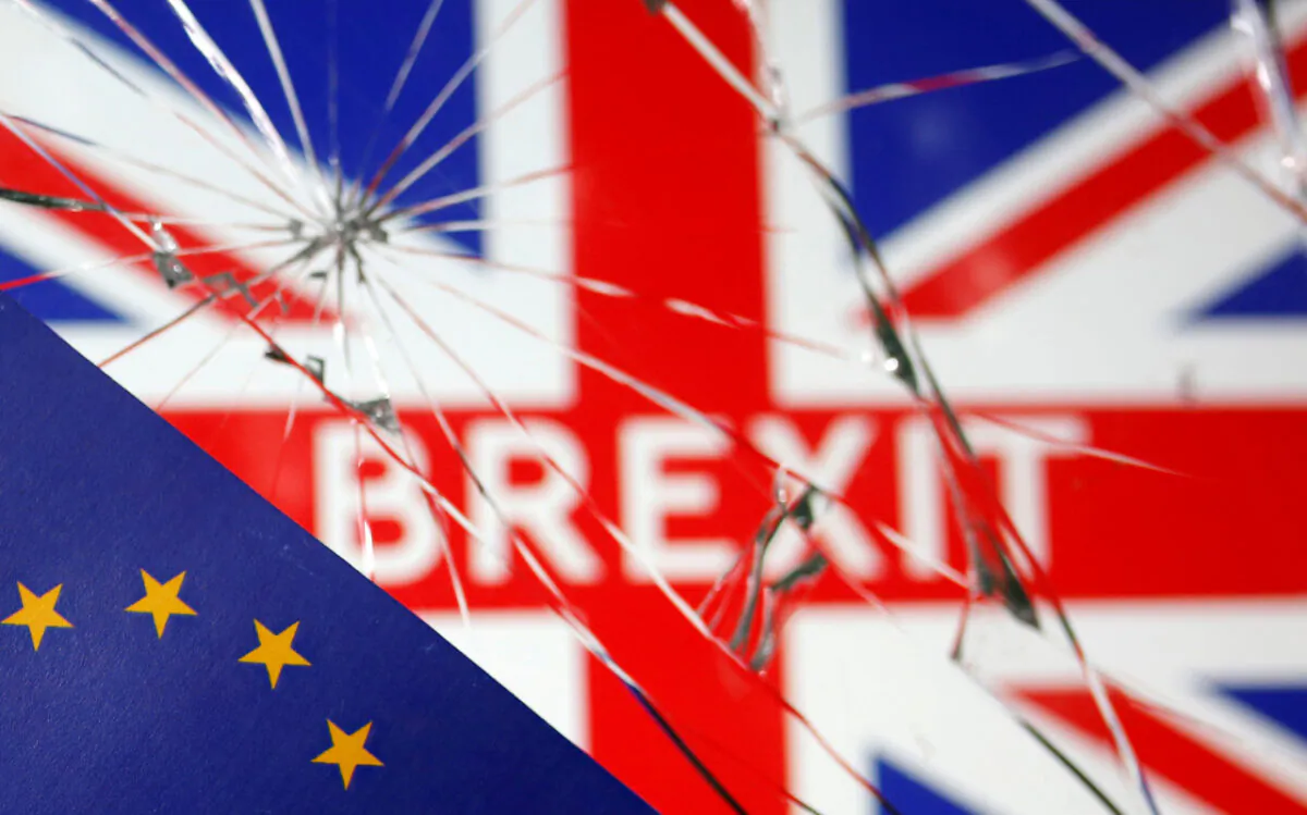 Illustration picture with EU flag, British flag and broken glass is shown in file photo taken on Jan. 31, 2020. (Dado Ruvic/Reuters)
