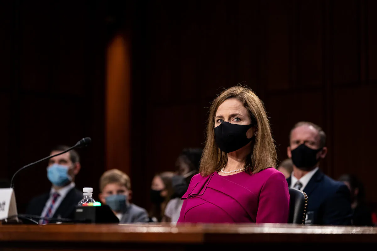 Supreme Court Justice nominee Judge Amy Coney Barrett listens during the Senate Judiciary Committee confirmation hearing for Supreme Court Justice in the Hart Senate Office Building in Washington on Oct. 12, 2020. (Erin Schaff-Pool/Getty Images)