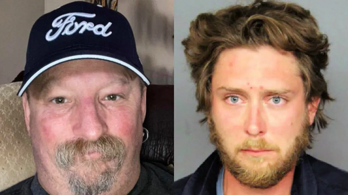 Lee Keltner, left, was shot dead in Denver, Colo., on Oct. 10, 2020. On right, shooting suspect Matthew Dolloff is pictured in a booking photograph. (Lee Keltner family/GoFundMe; Denver Police Department)