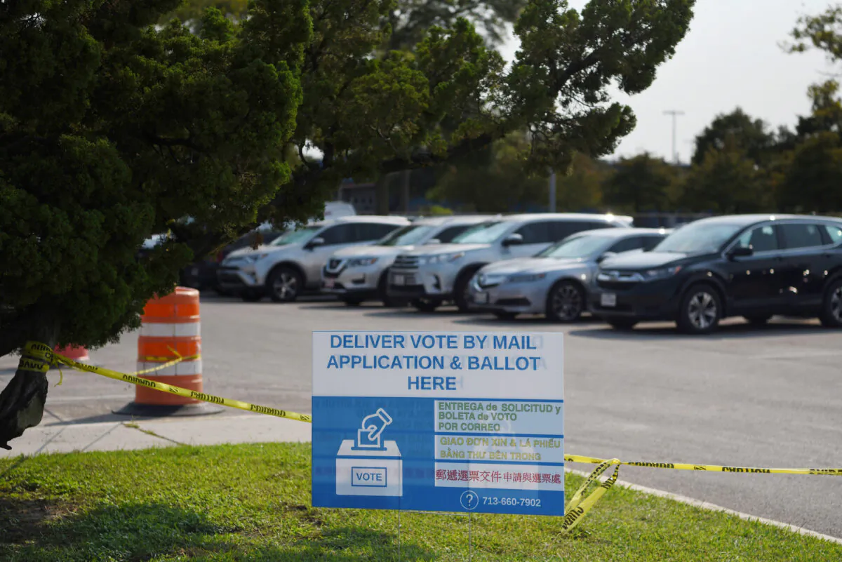 A sign sits outside of a mail ballot drop-off site in Houston, Texas, on Oct. 1, 2020. (Callaghan O’Hare/Reuters)