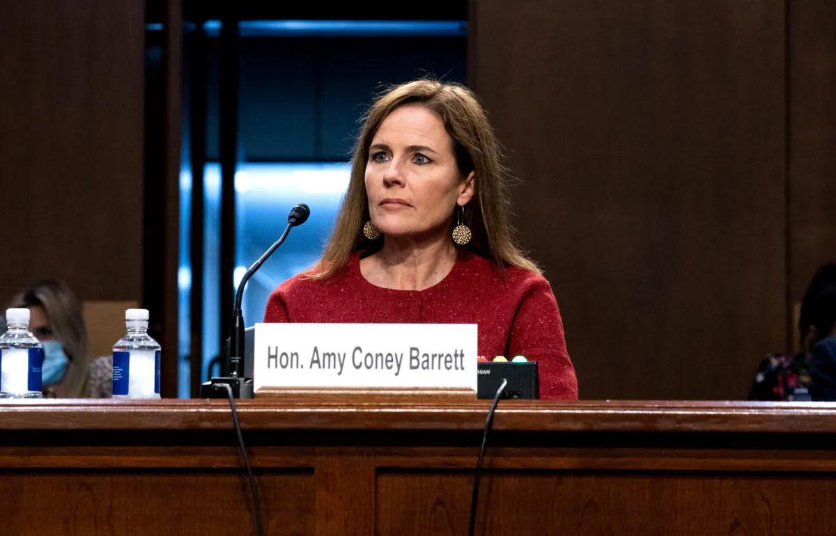 Supreme Court nominee Judge Amy Coney Barrett listens on the second day of her Supreme Court confirmation hearing before the Senate Judiciary Committee on Capitol Hill in Washington, on Oct. 13, 2020. (Anna Moneymaker-Pool/Getty Images)