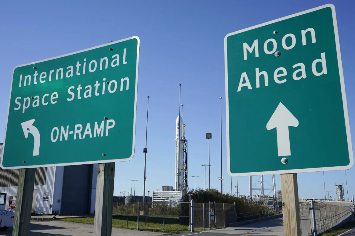 A rocket is poised for launch at the NASA Wallops test flight facility on Oct. 1, 2020, in Wallops Island, Va. (AP Photo/Steve Helber)