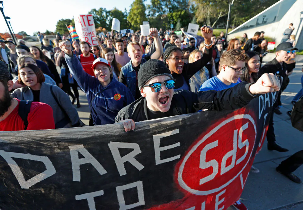 Protesters from Students for a Democratic Society demonstrate on the University of Utah campus against an event where speaker Ben Shapiro was due to speak in Salt Lake City on Sept. 27, 2017.  (George Frey/Getty Images)