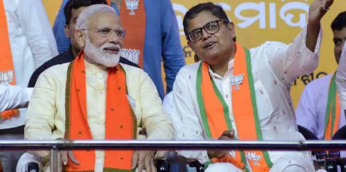 Baijayant Panda (R), vice president and spokesperson of India's ruling Bhartiya Janta Party, with Indian Prime Minister Narendra Modi. (Courtesy of the office of Baijayant Panda)