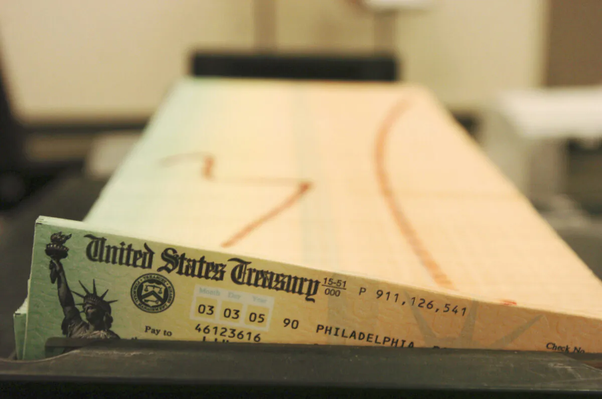 Trays of printed Social Security checks wait to be mailed from the U.S. Treasury's Financial Management services facility in Philadelphia on Feb. 11, 2005. (Bradley C. Bower/AP Photo)