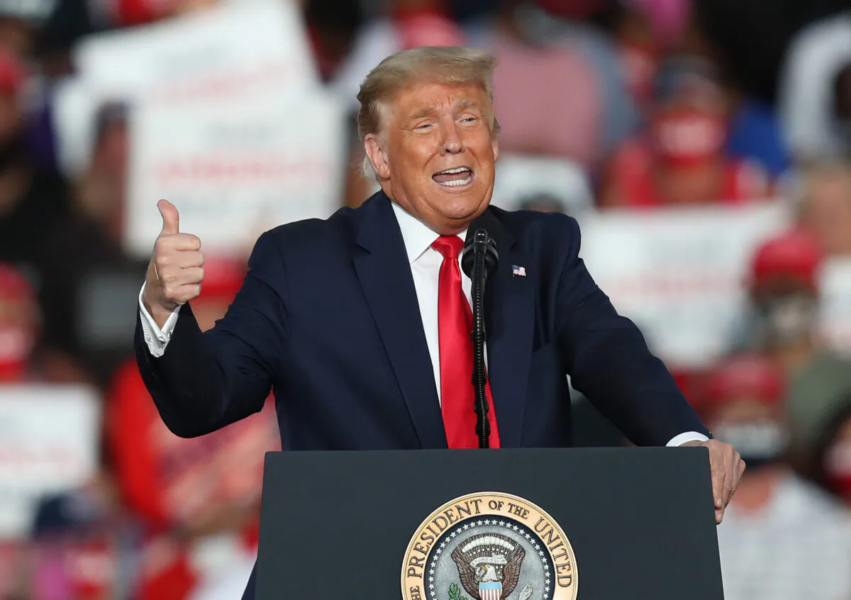 President Donald Trump speaks during his campaign event at the Orlando Sanford International Airport in Sanford, Florida, on Oct. 12, 2020. (Joe Raedle/Getty Images)