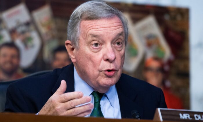 Senate Democratic Whip Dick Durbin (D-Ill.) speaks during a Senate Judiciary Committee hearing in Washington on Oct. 13, 2020. (Tom Williams/Pool/AFP via Getty Images)