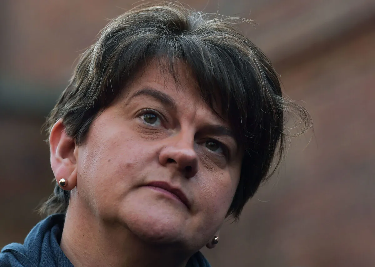 Northern Ireland’s First Minister, Arlene Foster, is seen at a press conference outside Stormont House, Belfast, as cross party talks to restore the Northern Ireland power sharing government begin in Belfast on Dec. 16, 2019. (Charles McQuillan/Getty Images)