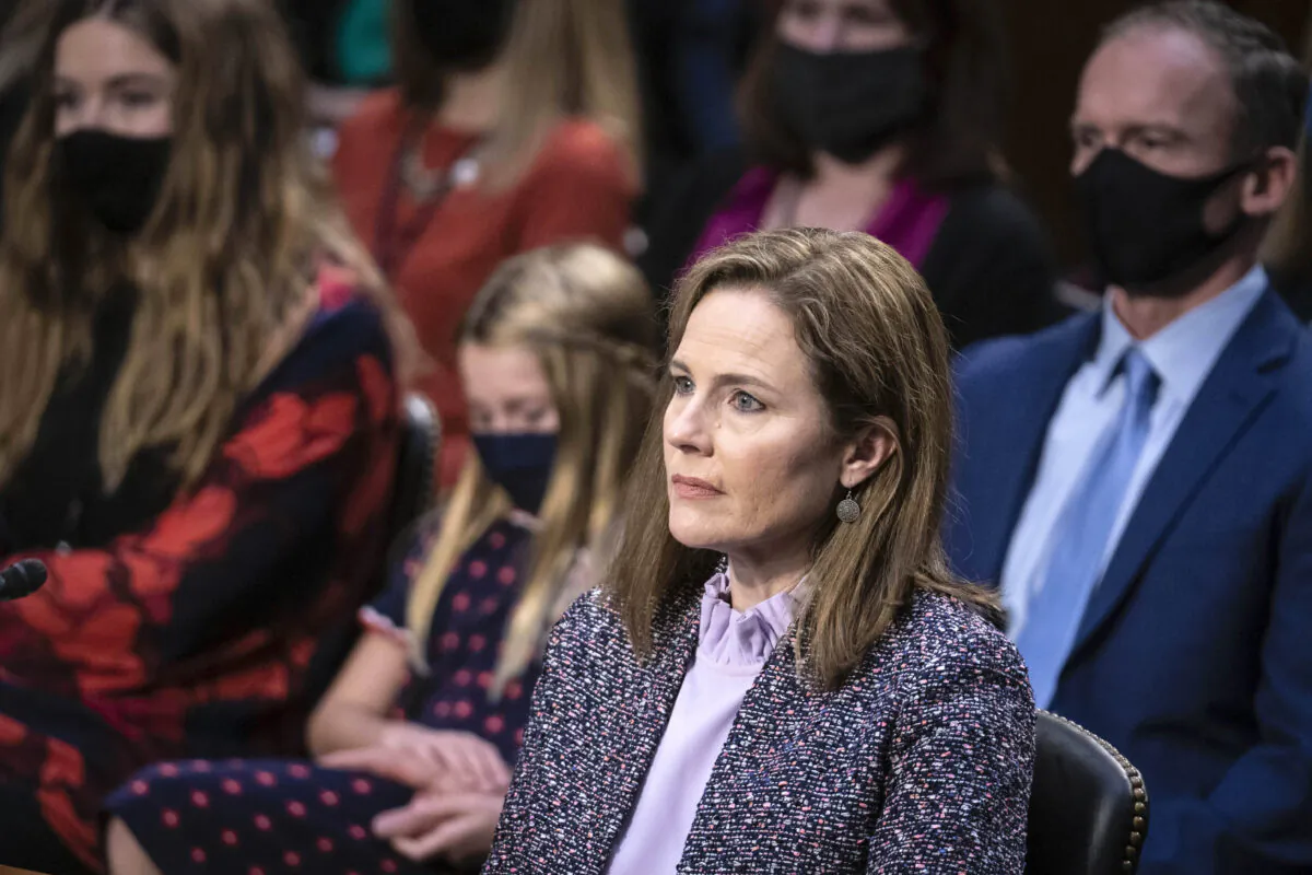 Supreme Court Justice Amy Coney Barrett testifies before the Senate Judiciary Committee on the third day of her Supreme Court confirmation hearing on Capitol Hill in Washington on Oct. 14, 2020. (Andrew Caballero-Reynolds/Getty Images)