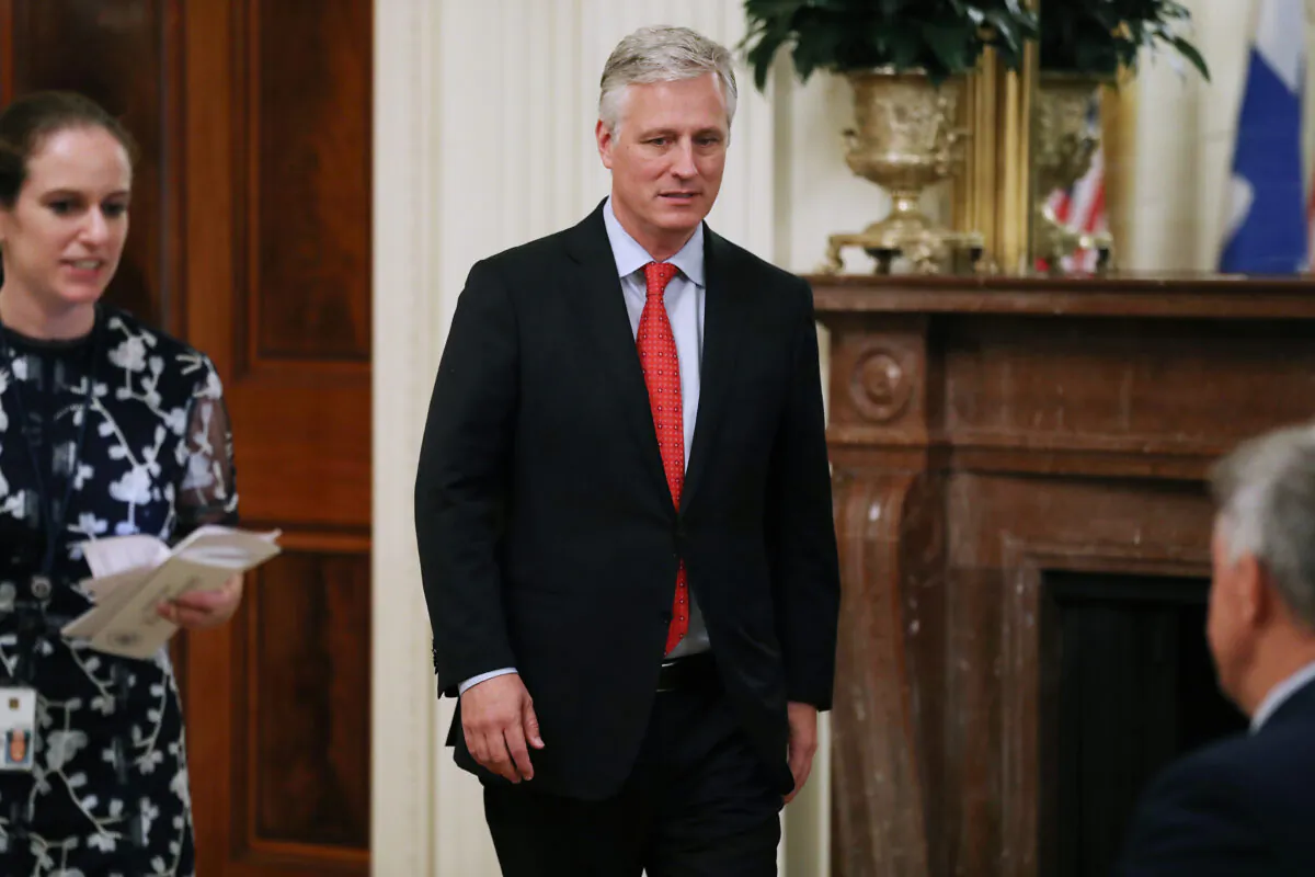 National Security Advisor Robert O'Brien (C) walks to his seat in the East Room ahead of a joint news conference with President Donald Trump and Finnish President Sauli Niinisto at the White House in Washington, on Oct. 02, 2019. (Chip Somodevilla/Getty Images)
