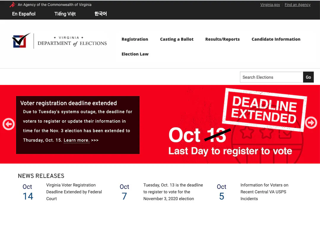 A screenshot of the Virginia Department of Elections website announcing an extension for voter registrations, on Oct. 14, 2020. (Screenshot/The Epoch Times)