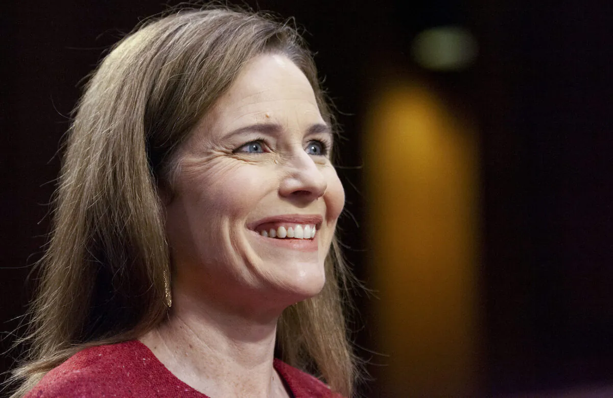 Then-Supreme Court nominee Amy Coney Barrett speaks during a confirmation hearing before the Senate Judiciary Committee in Washington on Oct. 13, 2020. (Bonnie Cash/Pool via AP)
