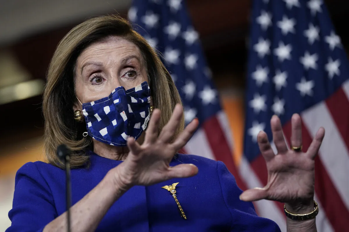 House Speaker Nancy Pelosi (D-Calif.) speaks during a news conference at the U.S. Capitol in Washington on Oct. 9, 2020. (Drew Angerer/Getty Images)
