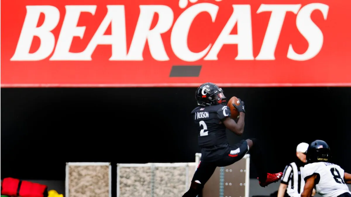 Jayshon Jackson #2 of the Cincinnati Bearcats makes a catch during the first half against the Army Black Knights at Nippert Stadium in Cincinnati, Ohio, on Sept. 26, 2020. (Michael Hickey/Getty Images)