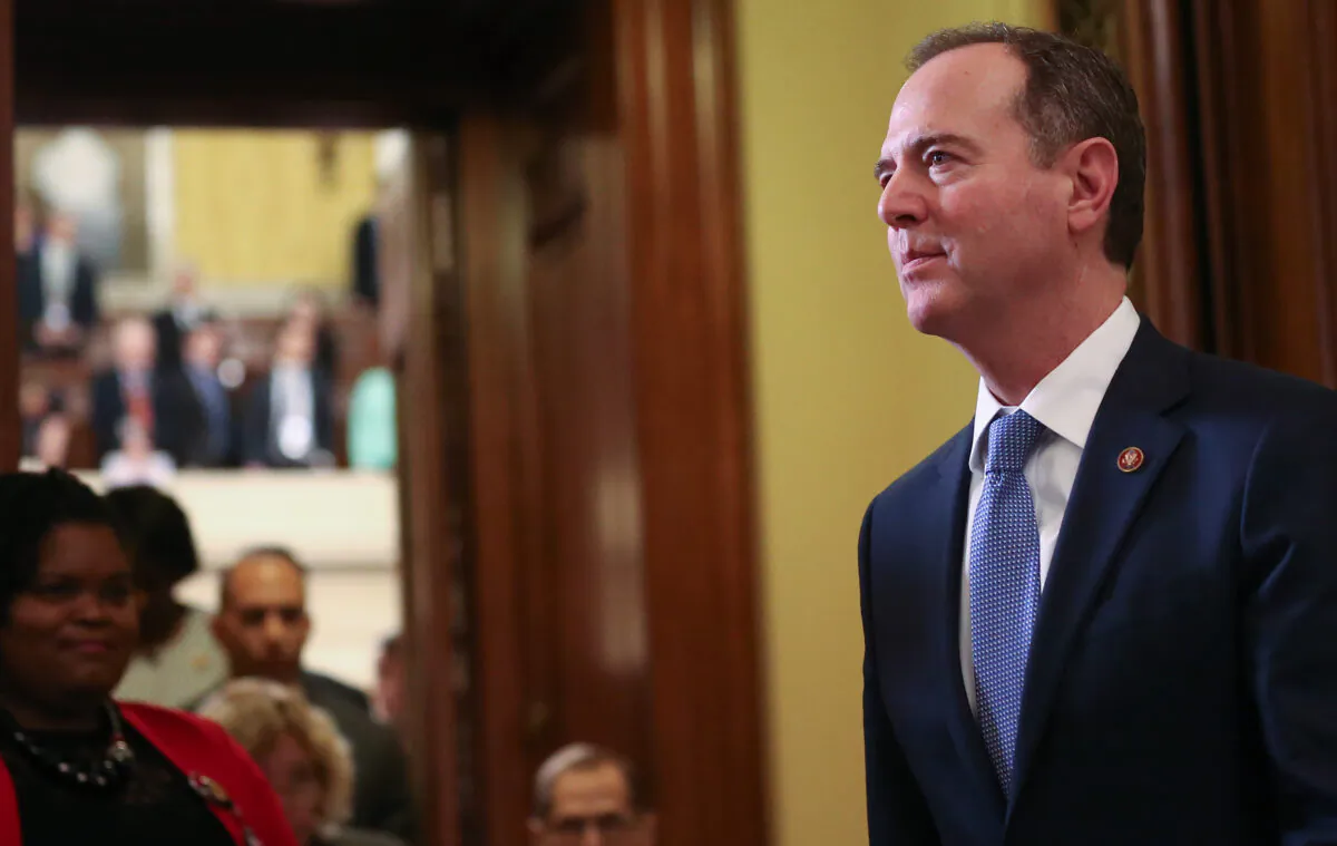 Rep. Adam Schiff (D-Calif.) departs the Senate chamber at the U.S. Capitol in Washington on Feb. 5, 2020. (Mario Tama/Getty Images)