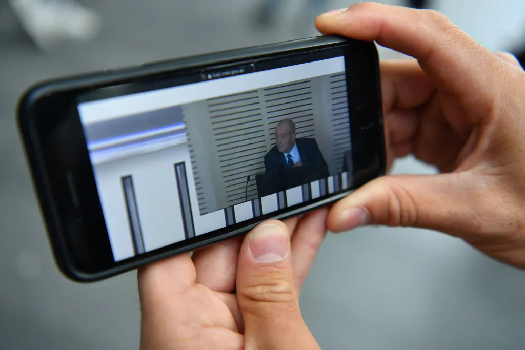In this photo illustration, Daryl Maquire is seen on a live feed AV link giving evidence at the NSW Independent Commission Against Corruption on October 14, 2020 in Sydney, Australia. (Sam Mooy/Getty Images)