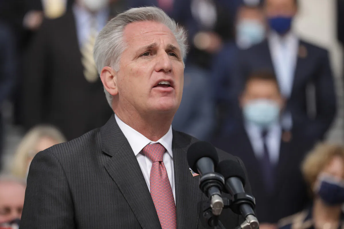 House Minority Leader Kevin McCarthy (R-Calif.) speaks on the East Steps of the House of Representatives in Washington, on Sept. 15, 2020. (Chip Somodevilla/Getty Images)