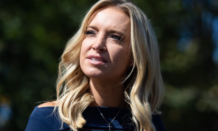 White House press secretary Kayleigh McEnany speaks with members of the media at the White House in Washington on Oct. 2, 2020. (Saul Loeb/AFP via Getty Images)