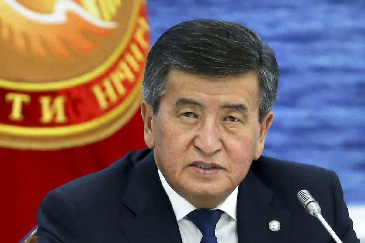 Kyrgyzstan's President Sooronbai Jeenbekov speaks at the Eurasian Economic Union Intergovernmental Council in Cholpon-Ata, Kyrgyzstan, on Aug. 9, 2019. (Yekaterina Shtukina, Sputnik, Government Pool Photo via AP)