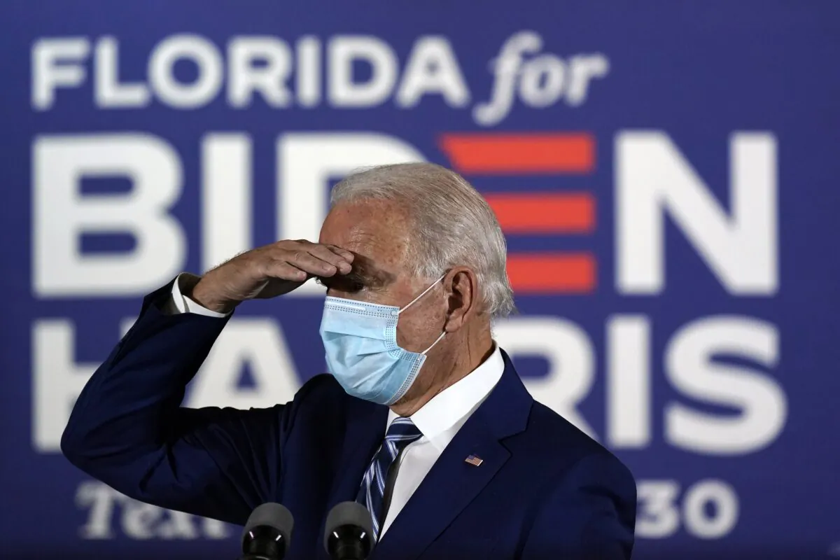 Democratic presidential nominee Joe Biden arrives to speak at Southwest Focal Point Community Center in Pembroke Pines, Fla., on Oct. 13, 2020. (Carolyn Kaster/AP Photo)