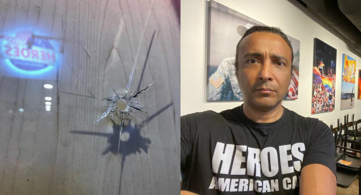 (L) A gunshot went through a window at Heroes American Café in Portland, Ore., on Oct. 11, 2020. (R) Owner John Jackson poses in his business. (Courtesy of John Jackson)
