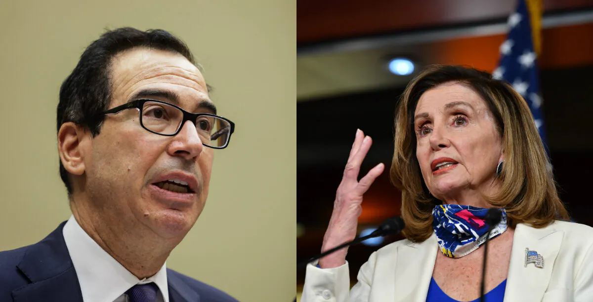 Treasury Secretary Steven Mnuchin (L) testifies during a congressional hearing in Washington on Sept. 1, 2020. (R) House Speaker Nancy Pelosi (D-Calif.) speaks in Washington on Oct. 1, 2020. (Graeme Jennings/Pool/Getty Images; Nicholas Kamm/AFP via Getty Images)