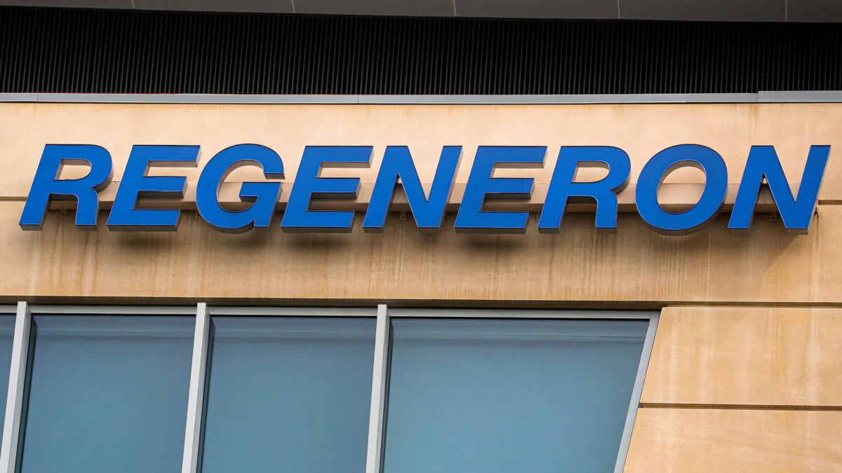 The Regeneron Pharmaceuticals company logo is seen on a building at the company's Westchester campus in Tarrytown, New York, on Sept. 17, 2020. (Brendan McDermid/Reuters)