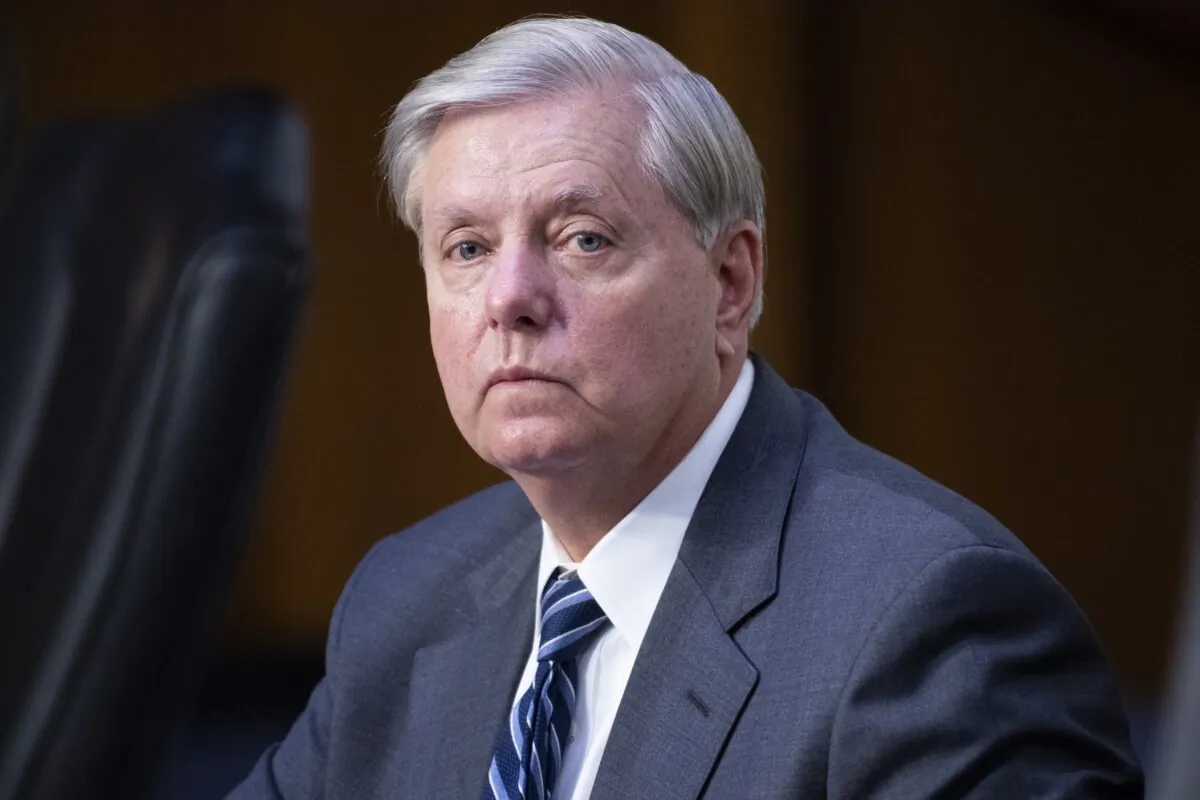 Chairman Lindsey Graham (R-S.C.) looks on as Supreme Court nominee Amy Coney Barrett appears before the Senate Judiciary Committee on the third day of her Supreme Court confirmation hearing on Capitol Hill in Washington on Oct. 14, 2020. (Tom Williams/Pool/Getty Images)