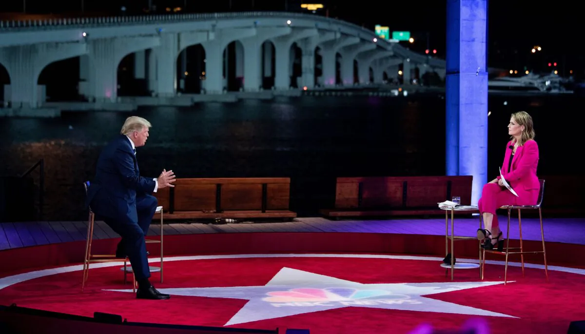 President Donald Trump and moderator Savannah Guthrie during an NBC News town hall event at the Perez Art Museum in Miami on Oct. 15, 2020. (Brendan Smialowski/AFP via Getty Images)