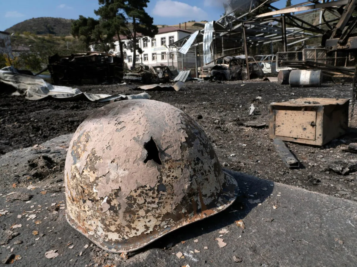 A broken solder's helmet is seen in a local hospital damaged by shelling from Azerbaijan's artillery during a military conflict, in the town of Martakert, the separatist region of Nagorno-Karabakh, on Oct. 15, 2020. (AP Photo)