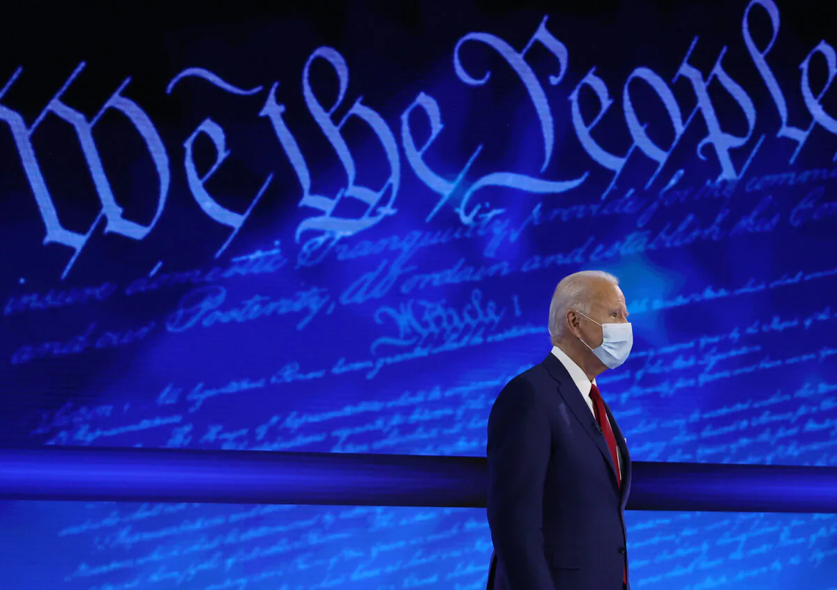 Then-Democratic presidential nominee Joe Biden participates in a Town Hall format meeting with ABC News chief anchor George Stephanopoulos at the National Constitution Center in Philadelphia, on Oct. 15, 2020. (Chip Somodevilla/Getty Images)