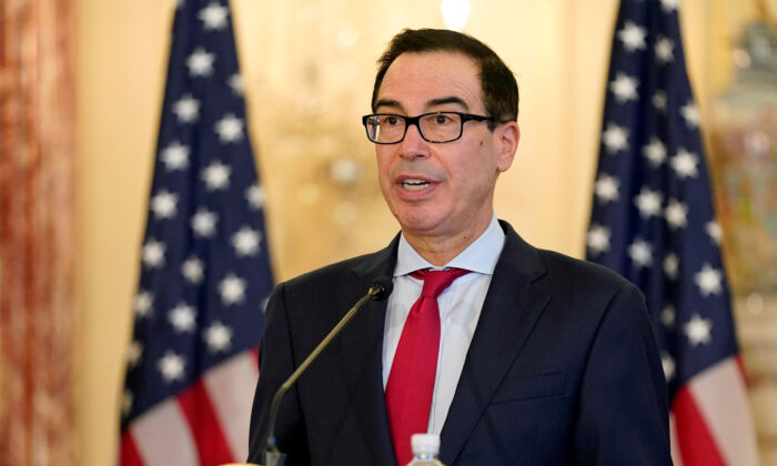 Treasury Secretary Steve Mnuchin speaks during a news conference in Washington on Sept. 21, 2020. (Patrick Semansky/Pool via Reuters)