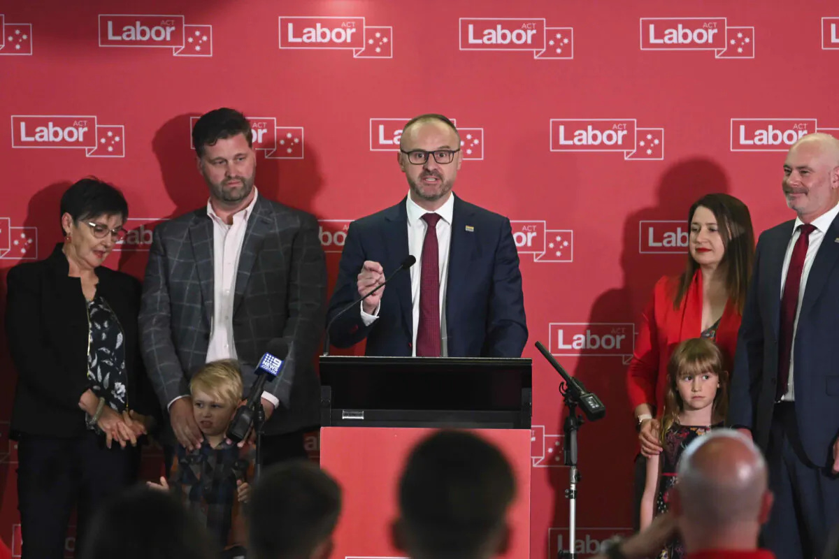 ACT Chief Minister Andrew Barr delivers his election victory speech at the Belconnen Labor Club in Canberra, Australia, on Oct. 17, 2020. (AAP Image/Lukas Coch)
