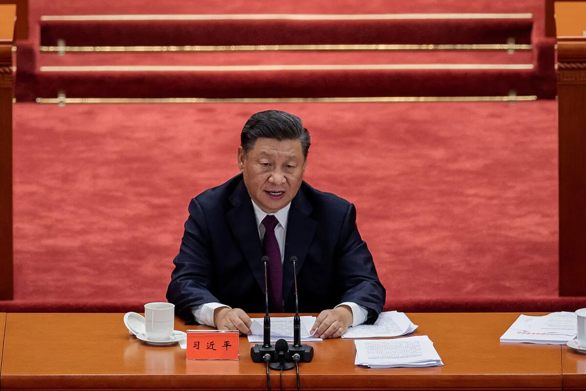 Chinese leader Xi Jinping delivers a speech at The Great Hall of the People in Beijing on Sept. 8, 2020. (Nicolas Asfouri/AFP via Getty Images)