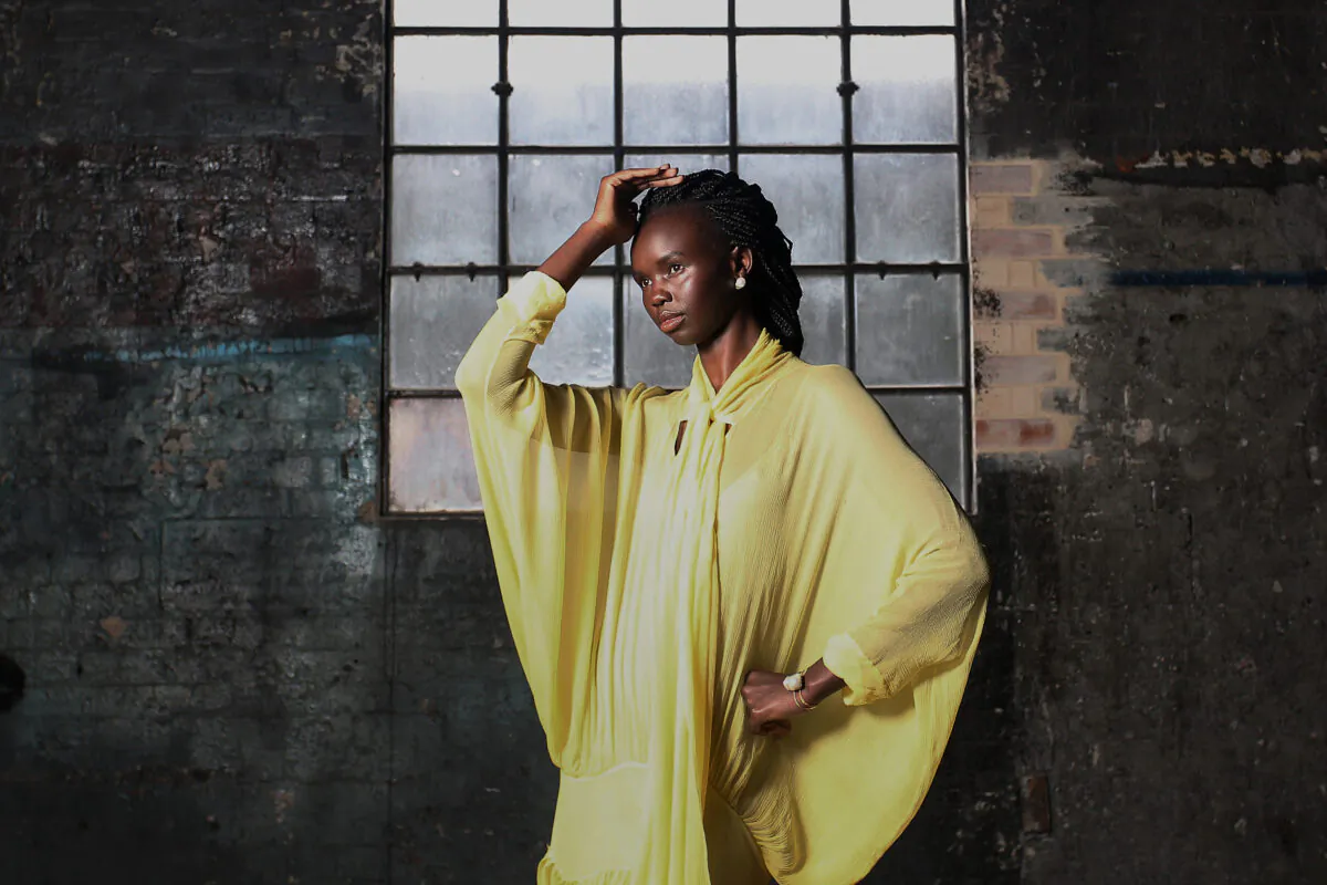 SYDNEY, AUSTRALIA - OCTOBER 16: Model Akiima poses during a Australian Fashion Week press conference at Carriageworks on in Sydney, Australia on Oct. 16, 2020. (Lisa Maree Williams/Getty Images)