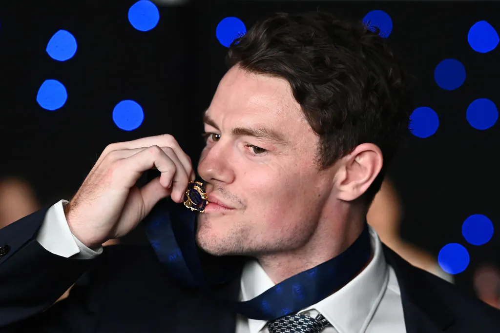 Lachie Neale of the Lions poses with the Brownlow medal at the Gabba during the 2020 AFL Brownlow Medal count on October 18, 2020 in Brisbane, Australia. (Photo by Quinn Rooney/Getty Images)
