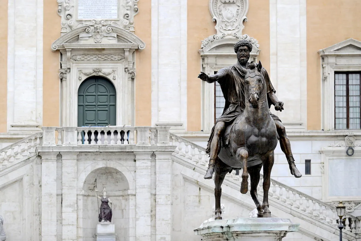 The equestrian statue of emperor Marcus Aurelius, in the Piazza del Campidoglio in central Rome, on Feb. 9, 2010. (FILIPPO MONTEFORTE/AFP via Getty Images)