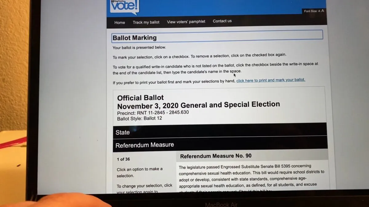 Washington State ballot requested online and ready to be printed out on a computer in Washington State on Oct. 18, 2020. (The Epoch Times)