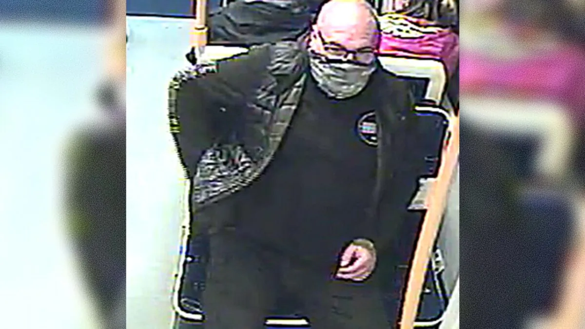 CCTV still image of a man suspected by Lancashire of an attack on a tram, taken  in Blackpool on Sept. 4, 2020. (Lancashire Police)