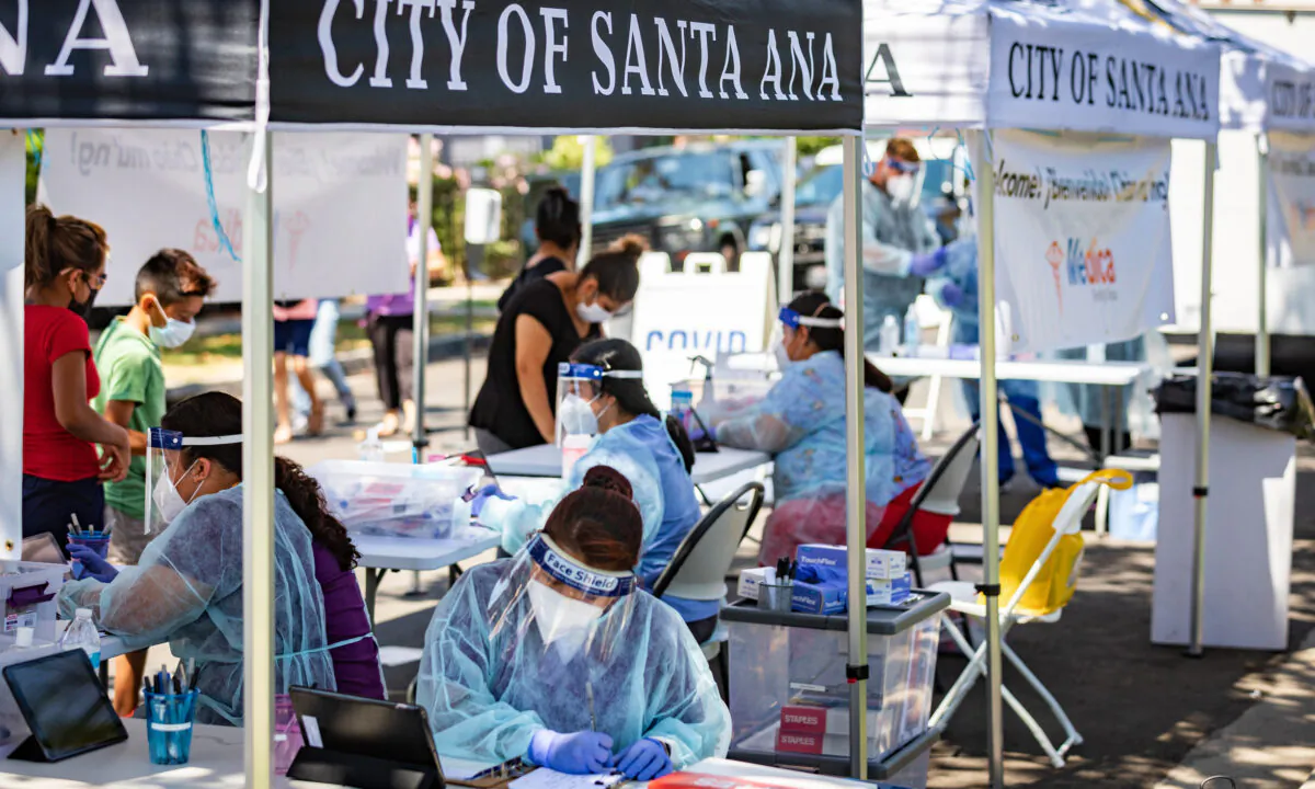 A mobile COVID-19 testing center is set up in Santa Ana, Calif., on Aug. 26, 2020. (John Fredricks/The Epoch Times)