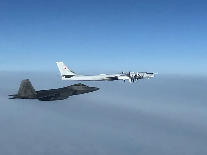 An F-22 "Raptor" fighter jet under assigned to the North American Aerospace Defense Command (NORAD) intercepts a Russian Tu-95 bomber after it entered the Alaskan Air Defense Identification Zone on Oct. 19, 2020. (NORAD)