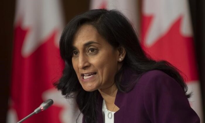 Public Services and Procurement Minister Anita Anand responds to a question during a news conference on October 6, 2020 in Ottawa. Anand says Canada has received a first shipment of 100,000 rapid tests for COVID-19. (THE CANADIAN PRESS/Adrian Wyld)