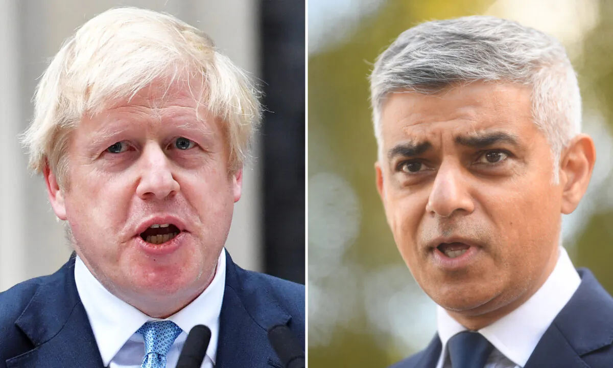 L: Britain's Prime Minister Boris Johnson delivers a statement outside 10 Downing Street in central London, on Sept. 2, 2019.  (Ben Stansall/AFP via Getty Images)
R: Mayor of London Sadiq Khan makes a statement to media at New Scotland Yard, in London, on Sept. 25, 2020.  (Victoria Jones/WPA Pool/Getty Images)