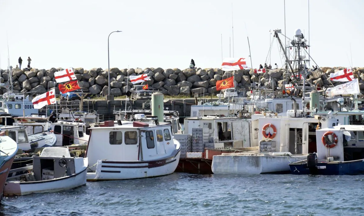 Sipekne'katik First Nation boats are seen in Saulnierville, N.S., on Sept. 20, 2020. A Sipekne'katik lobster pound in Saulnierville was burned down on Oct. 17. (The Canadian Press/Mark O'Neill)