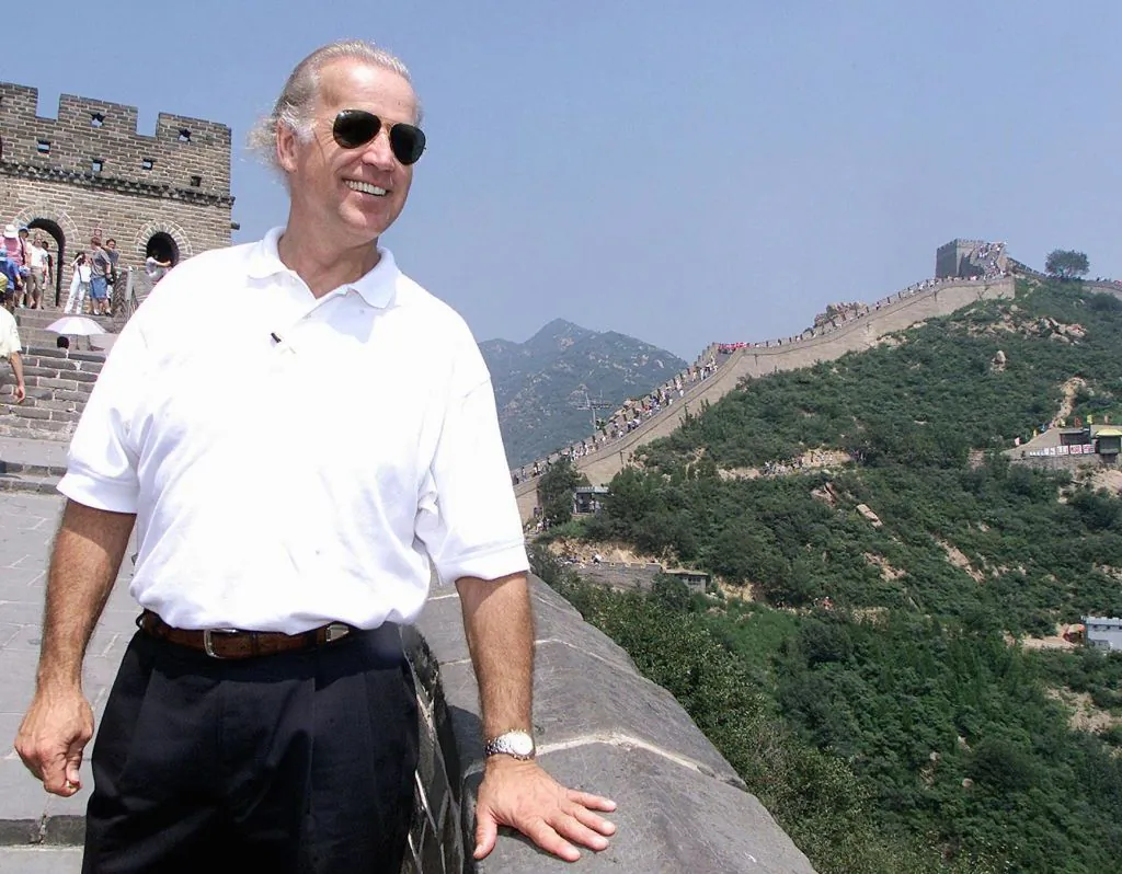 Then-U.S. Senate Foreign Relations Committee Chairman Joe Biden visits the Great Wall of China at Badaling, north of Beijing, on Aug. 10, 2001. (Greg Baker/POOL/AFP via Getty Images)