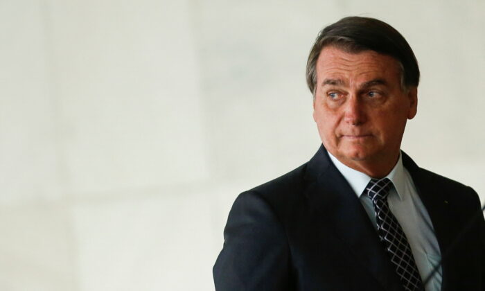 Brazil's President Jair Bolsonaro looks on before delivering a statement to the media with U.S. National Security Advisor Robert O'Brien (not pictured) at the Itamaraty Palace in Brasilia, Brazil, on Oct. 20, 2020. (Adriano Machado/Reuters)
