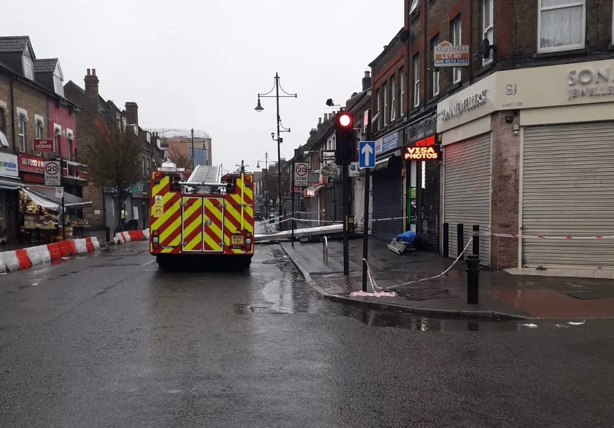 A fire engine at the scene of an explosion and building collapse in Ealing, London on Oct. 21, 2020. (London Fire Brigade)