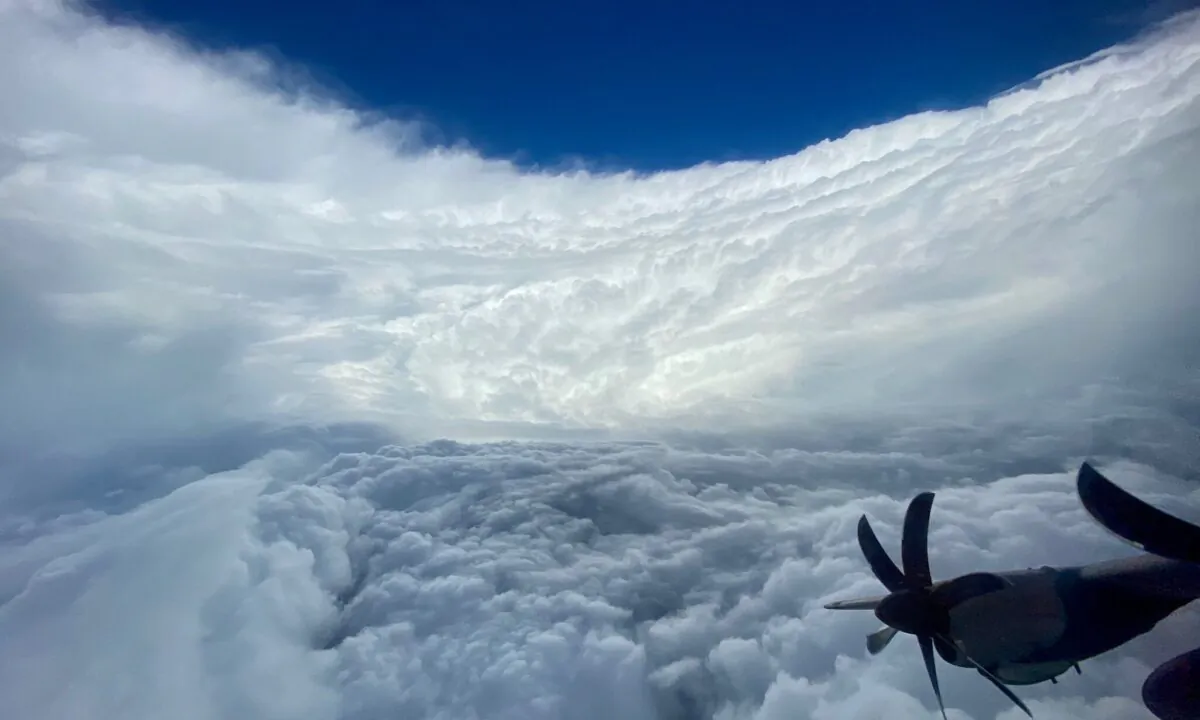 A sky view of Hurricane Epsilon is taken over the Atlantic Ocean on Oct. 21, 2020. (Air Force Reserve via AP)